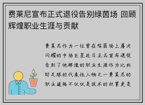 费莱尼宣布正式退役告别绿茵场 回顾辉煌职业生涯与贡献 费莱尼宣布正式退役告别绿茵场 回顾辉煌职业生涯与贡献